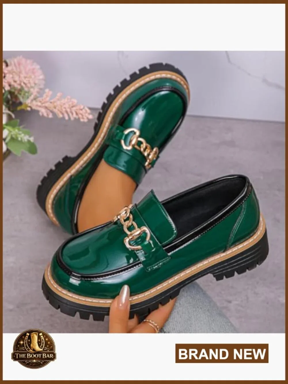 Chunky Heel Patent Leather Loafers Women Round Toe Lug Sole Platform Slip On